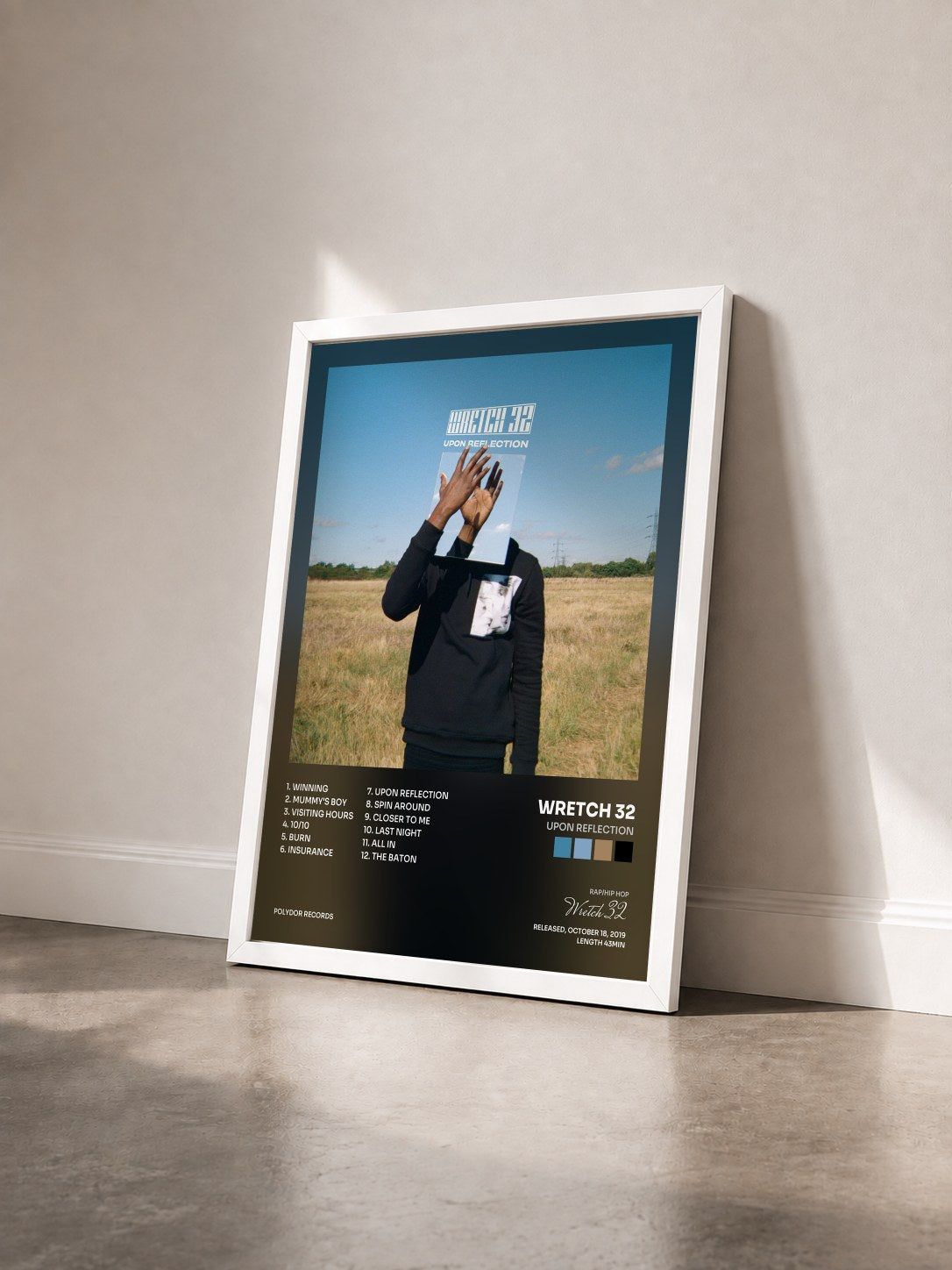 #blanc Tableau de l'album Upon Reflection de Wretch 32 vu de trois quarts, cadre blanc