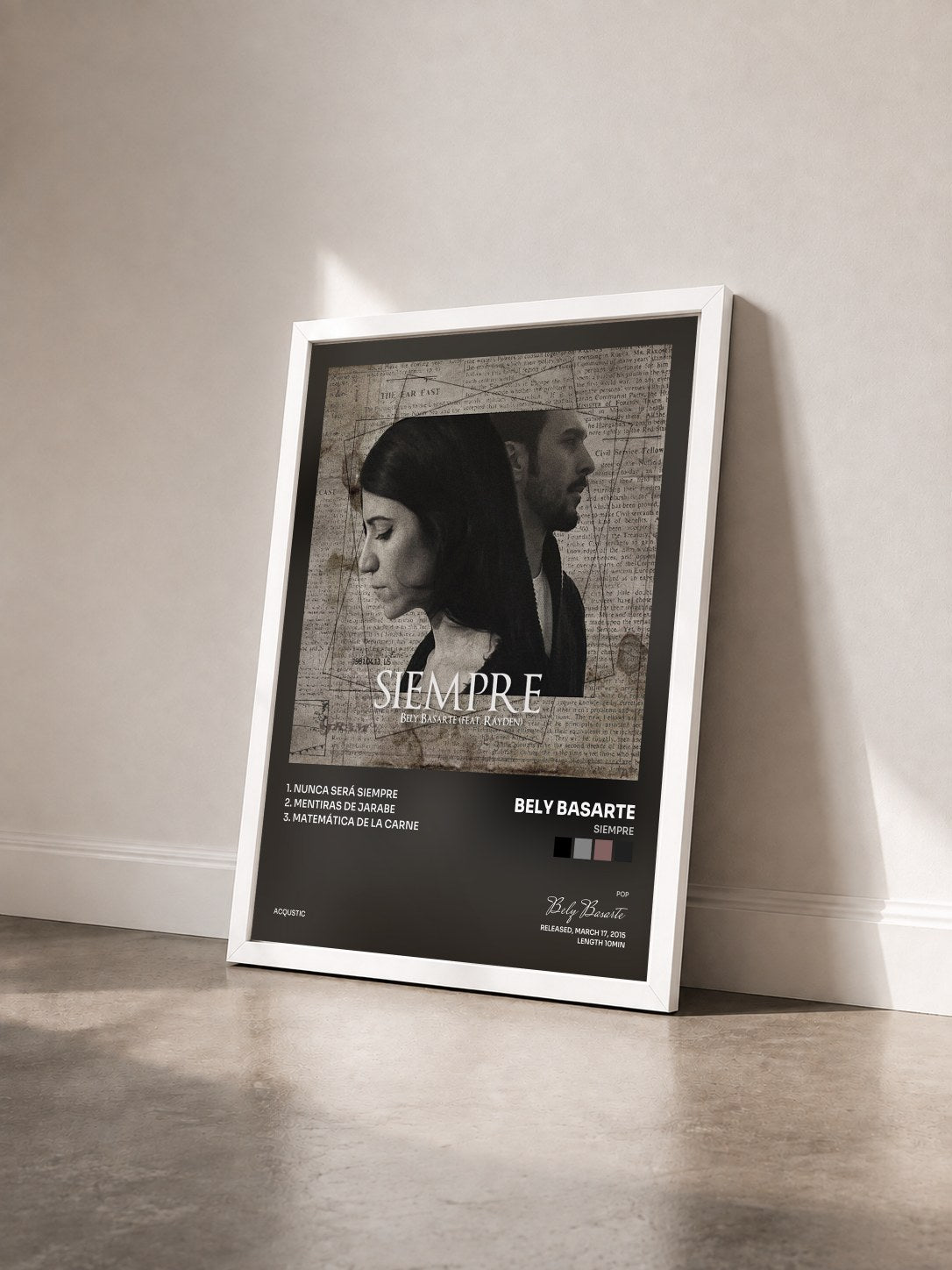 #blanc Tableau de l'album Siempre de Bely Basarte vu de trois quarts, cadre blanc