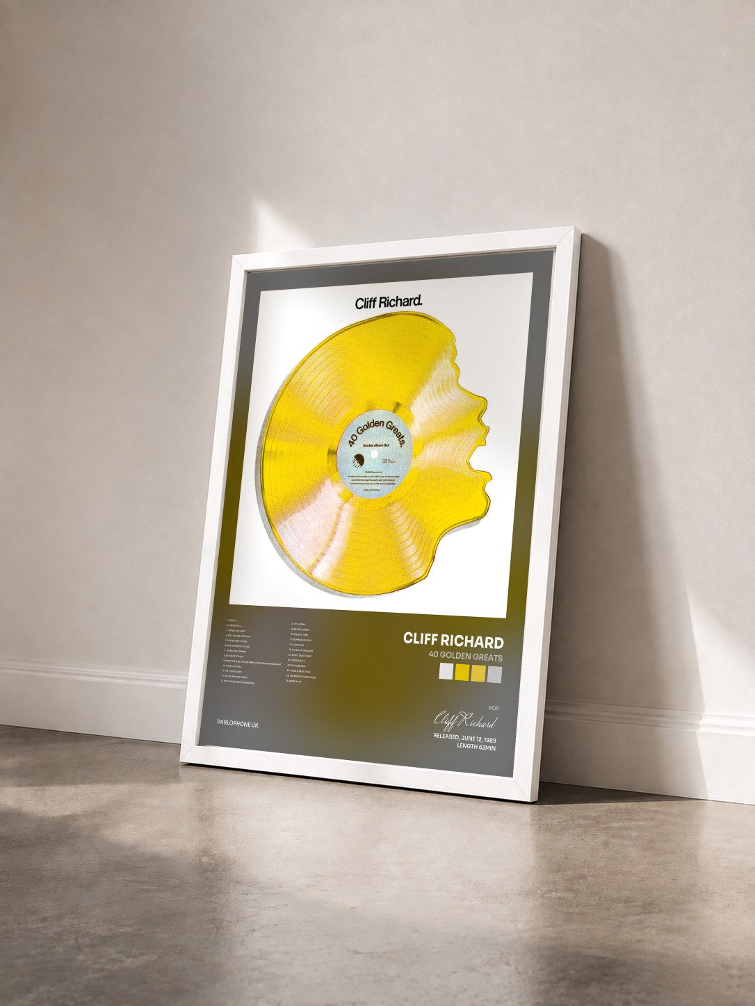 #blanc Tableau de l'album 40 Golden Greats de Cliff Richard vu de trois quarts, cadre blanc