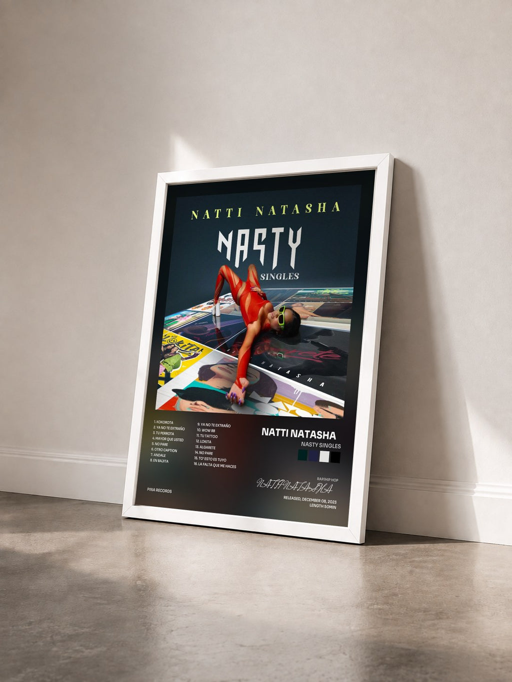 #blanc Tableau de l'album NASTY SINGLES de NATTI NATASHA    vu de trois quarts, cadre blanc