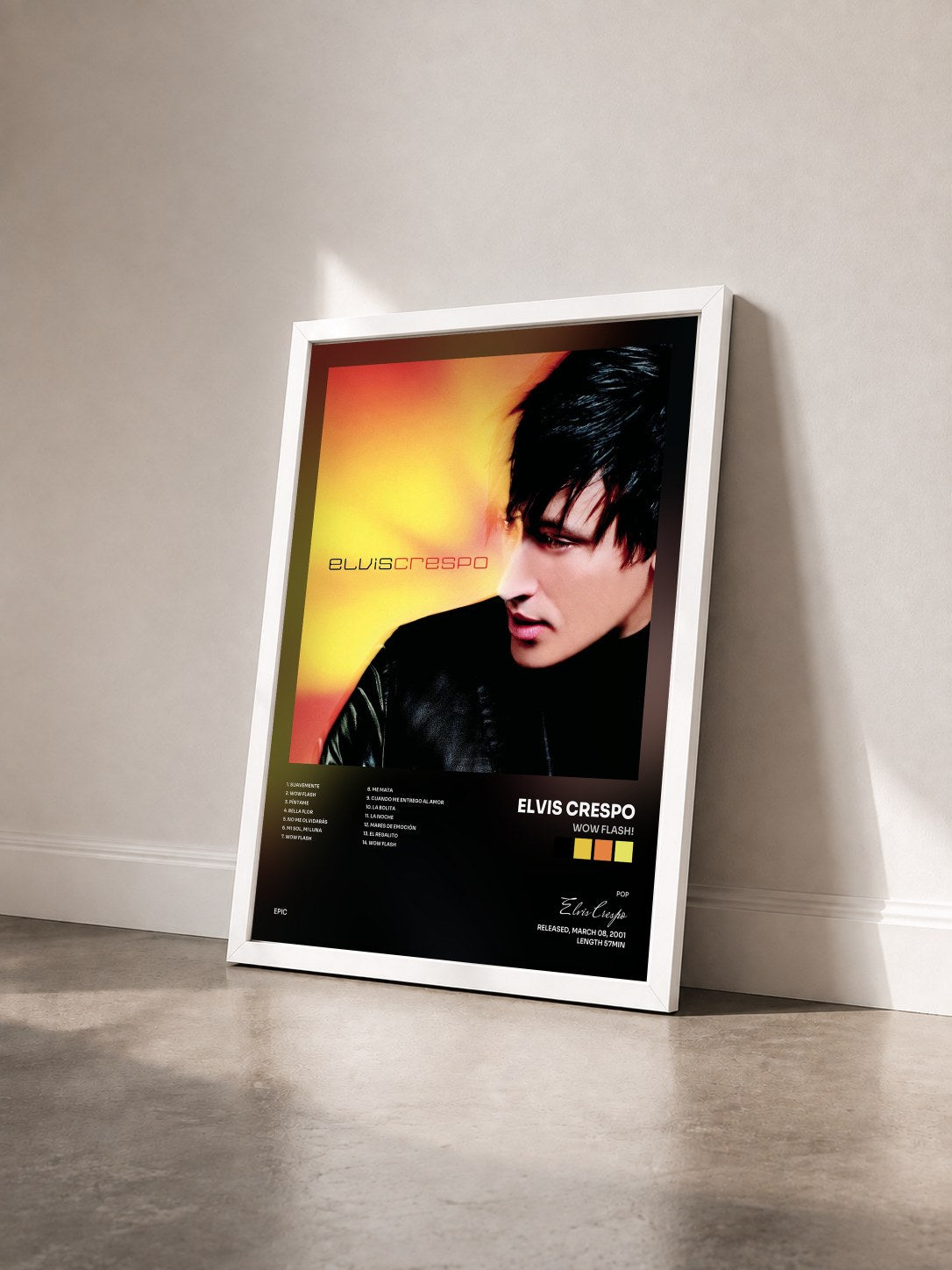 #blanc Tableau de l'album Wow Flash! de Elvis Crespo vu de trois quarts, cadre blanc