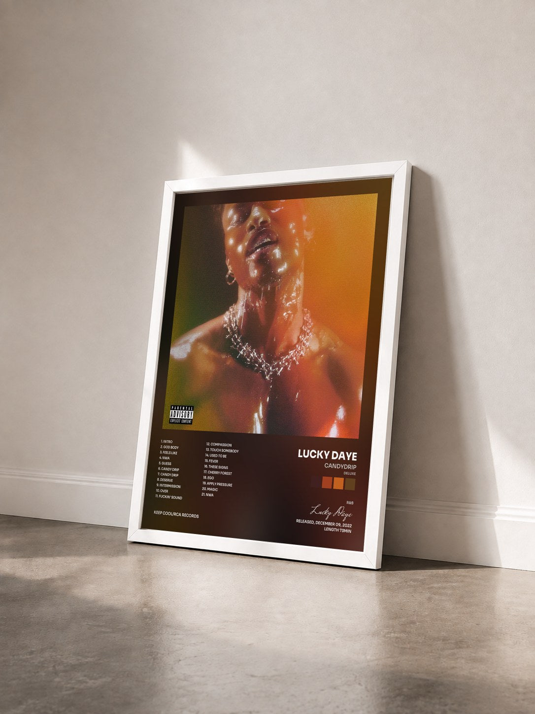 #blanc Tableau de l'album Candydrip (Deluxe) de Lucky Daye vu de trois quarts, cadre blanc