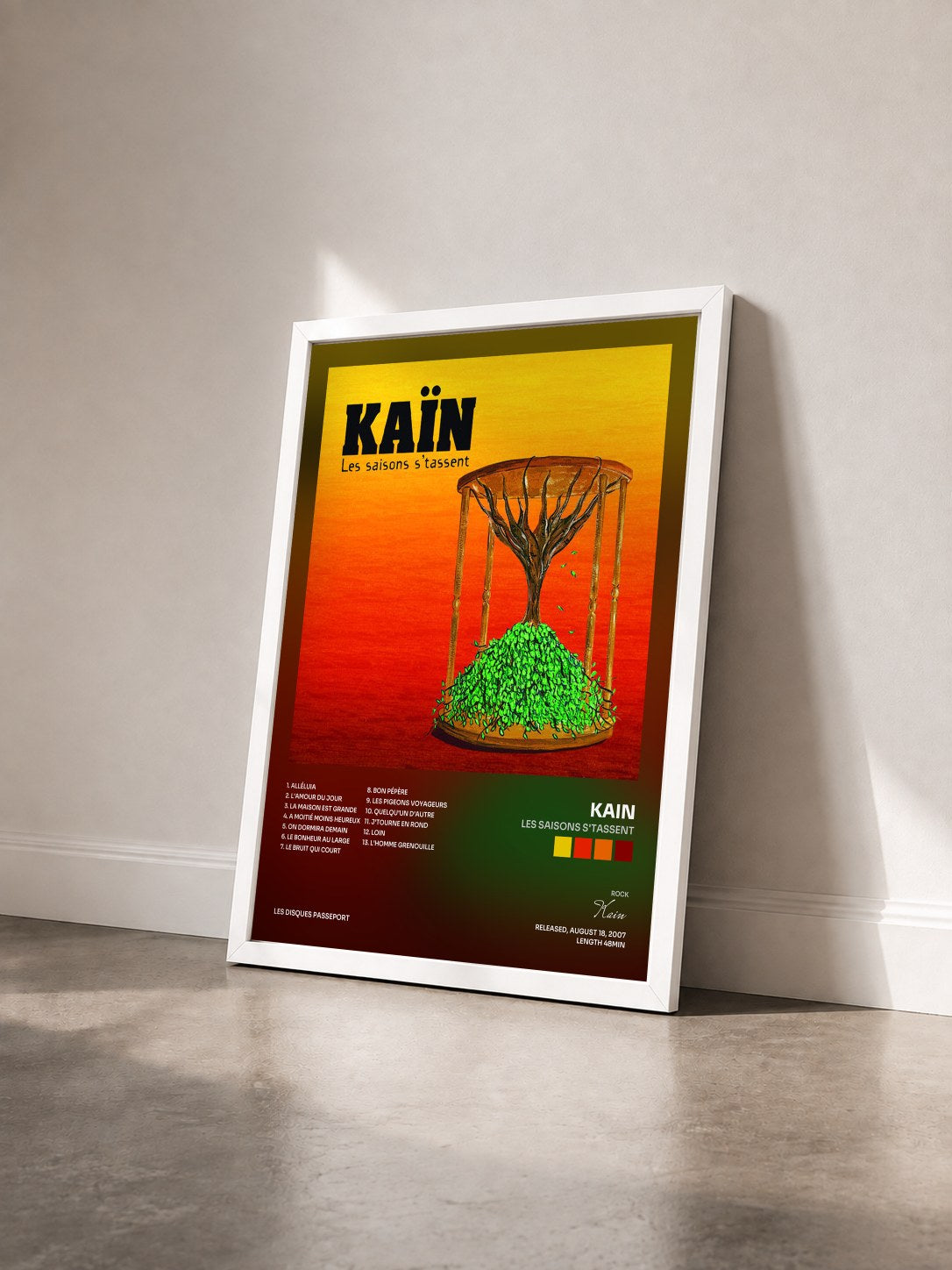 #blanc Tableau de l'album Les saisons s'tassent de Kain vu de trois quarts, cadre blanc
