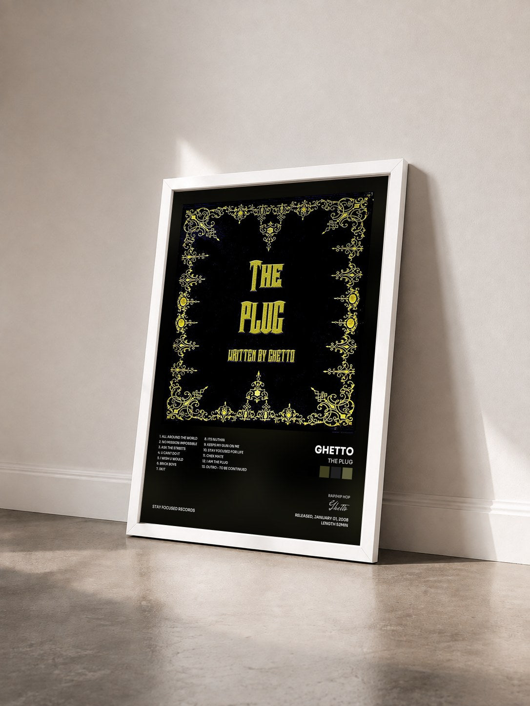 #blanc Tableau de l'album The Plug de Ghetto vu de trois quarts, cadre blanc