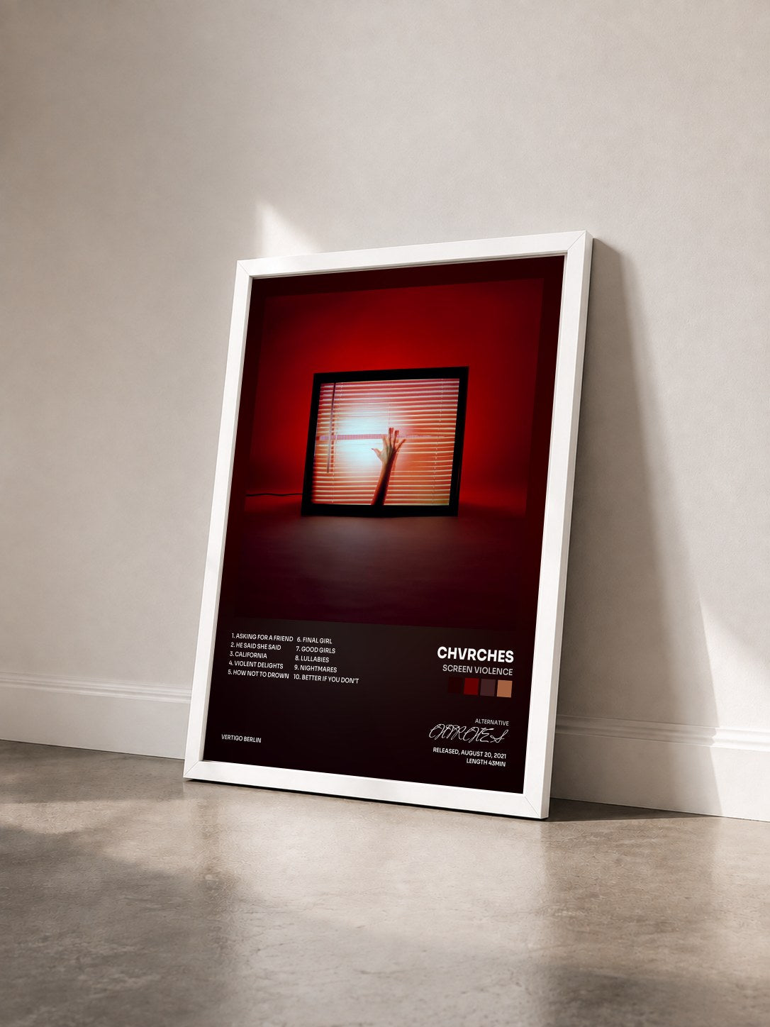 #blanc Tableau de l'album Screen Violence de CHVRCHES vu de trois quarts, cadre blanc