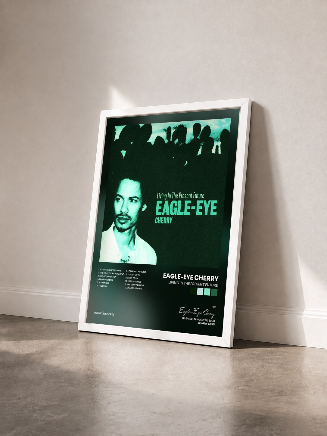 #blanc Tableau de l'album Living In The Present Future de Eagle-Eye Cherry vu de trois quarts, cadre blanc