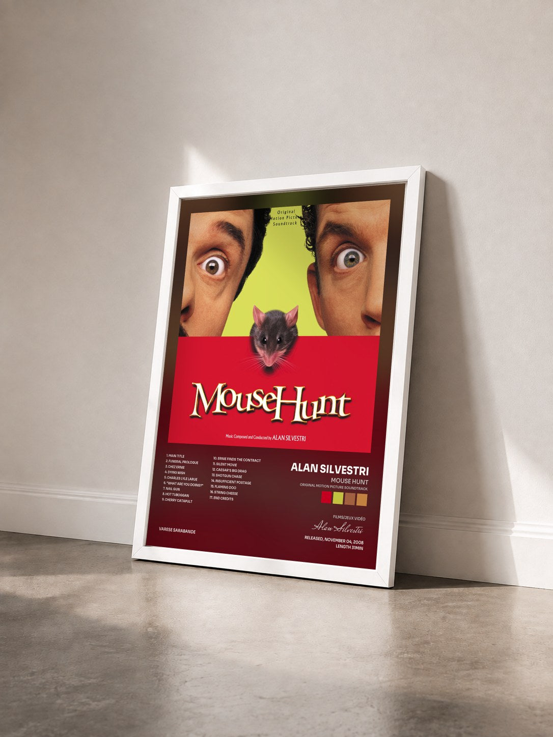 #blanc Tableau de l'album Mouse Hunt (Original Motion Picture Soundtrack) de Alan Silvestri vu de trois quarts, cadre blanc
