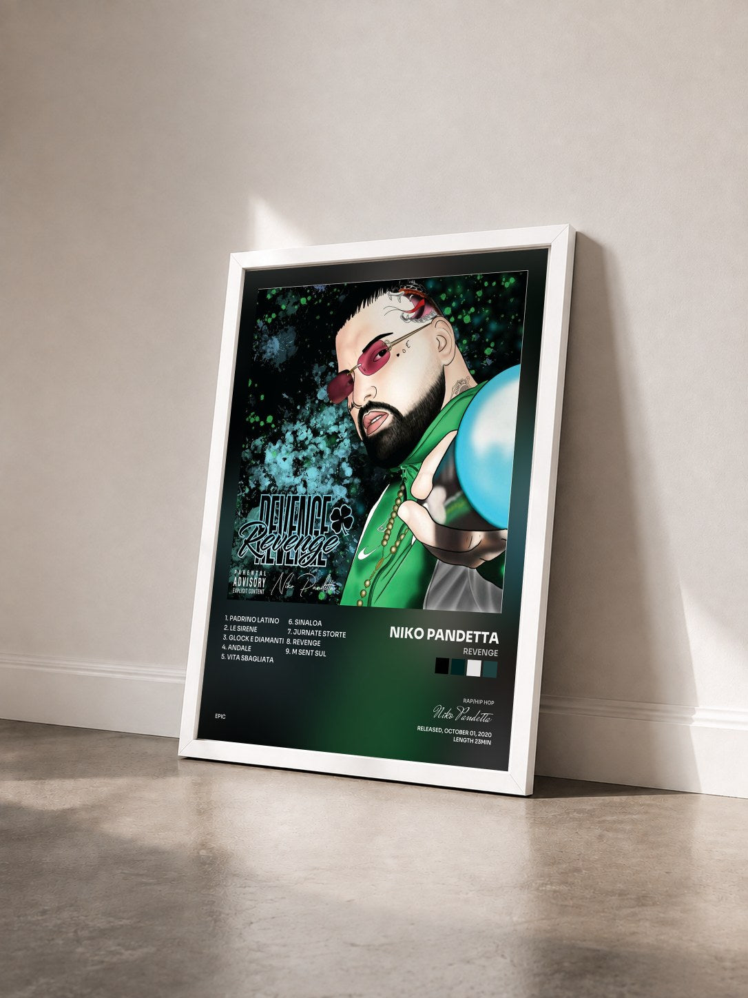#blanc Tableau de l'album Revenge de Niko Pandetta vu de trois quarts, cadre blanc