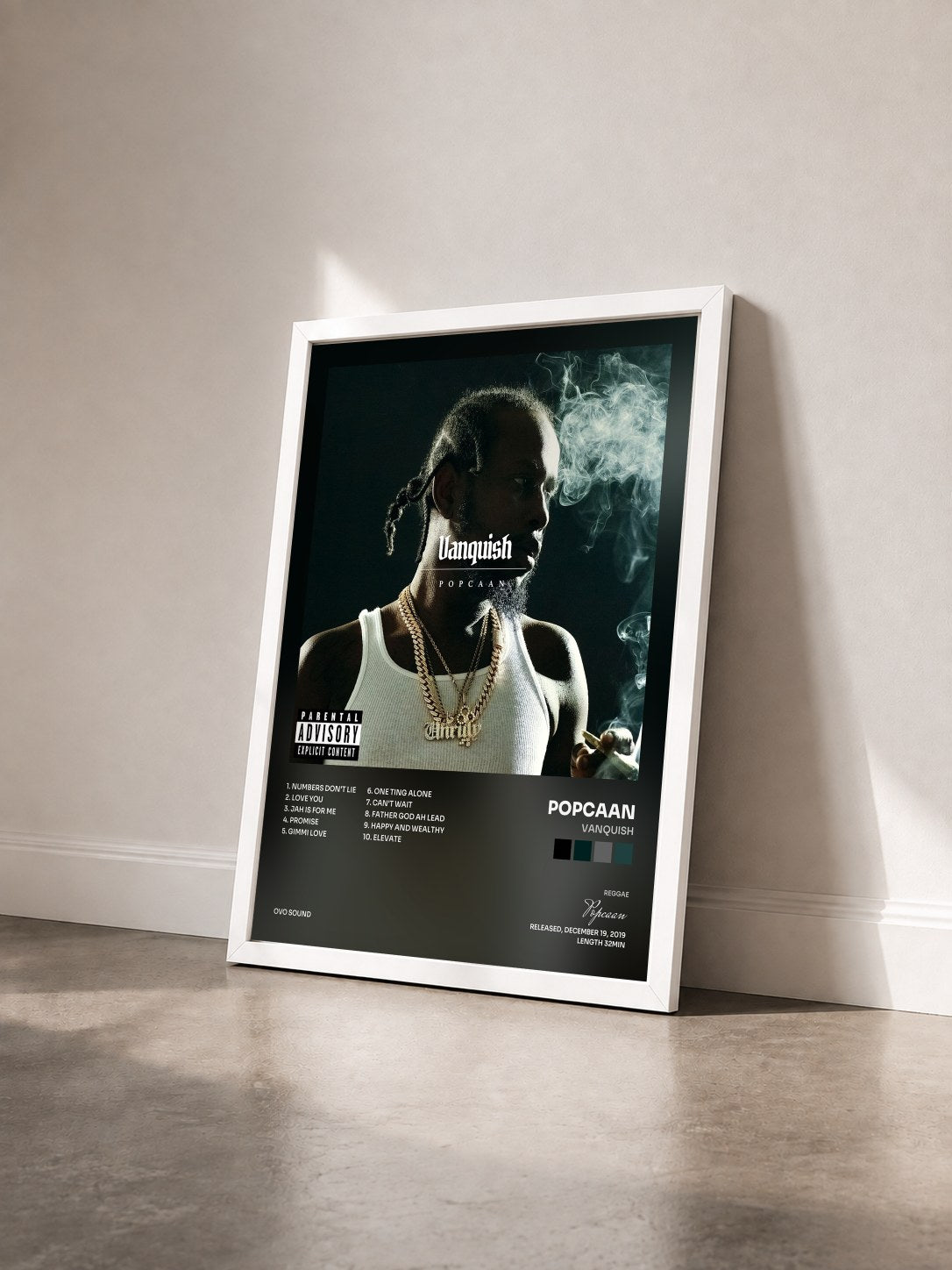 #blanc Tableau de l'album Vanquish de Popcaan vu de trois quarts, cadre blanc
