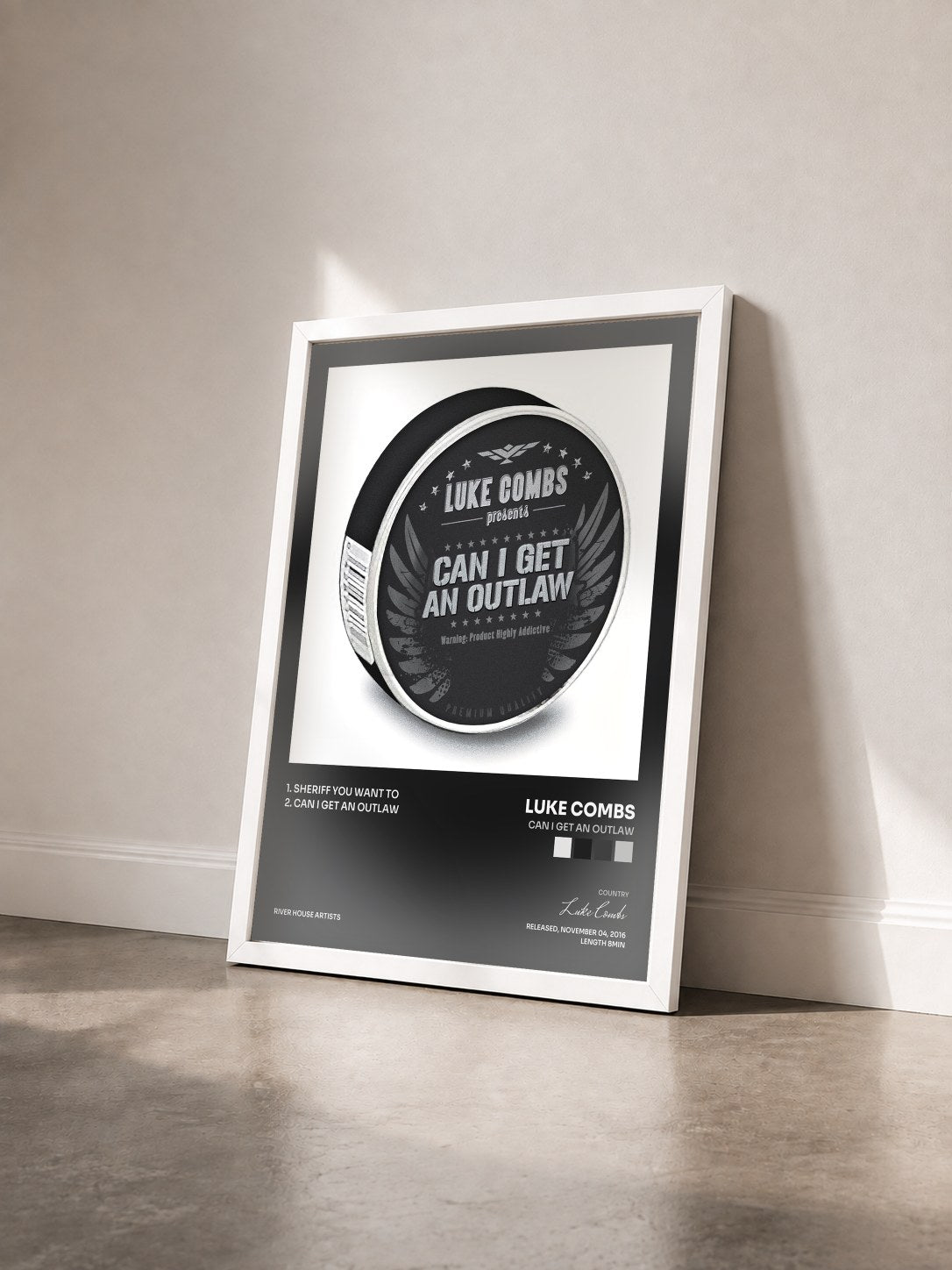 #blanc Tableau de l'album Can I Get an Outlaw de Luke Combs vu de trois quarts, cadre blanc