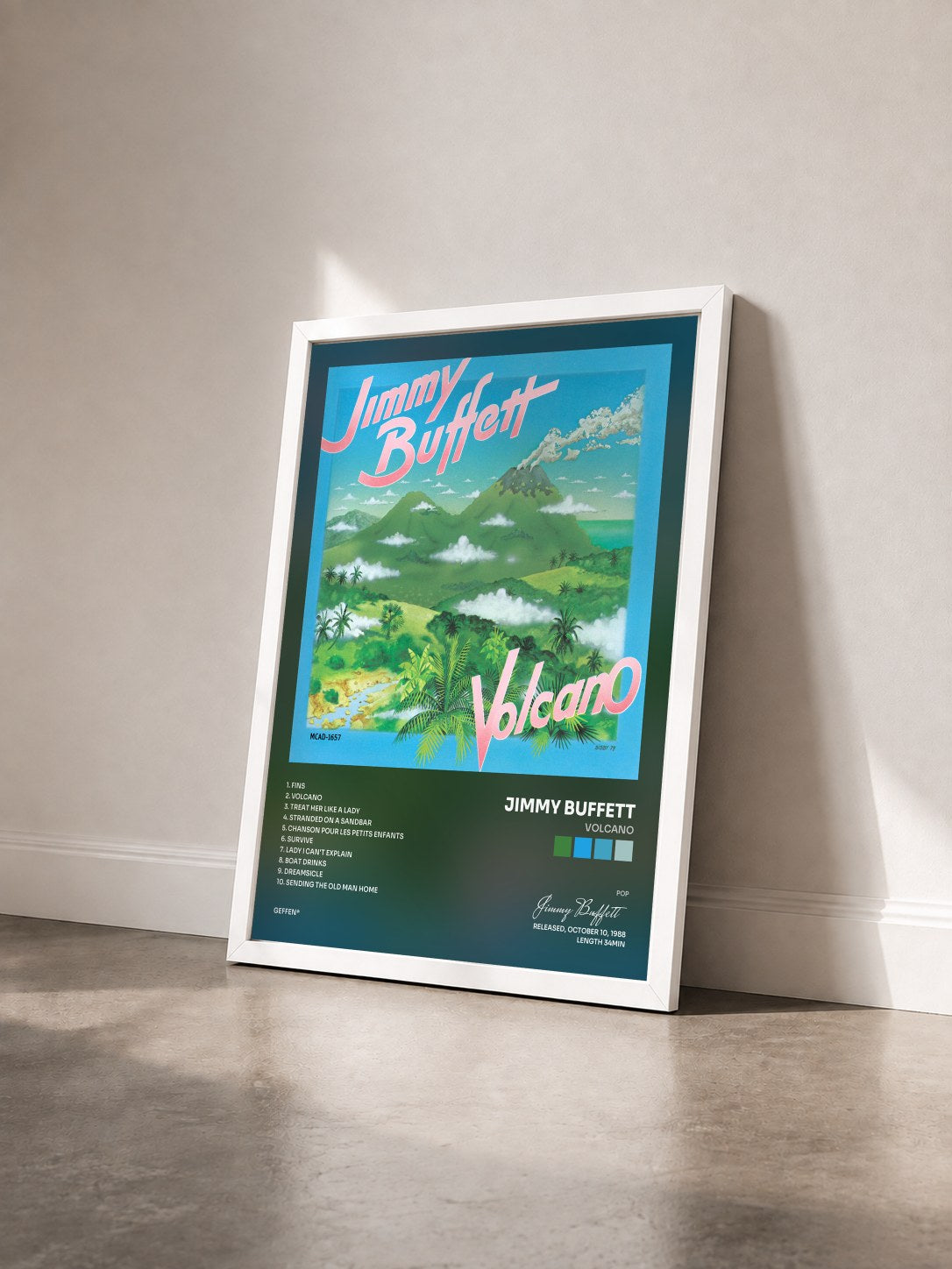 #blanc Tableau de l'album Volcano de Jimmy Buffett vu de trois quarts, cadre blanc