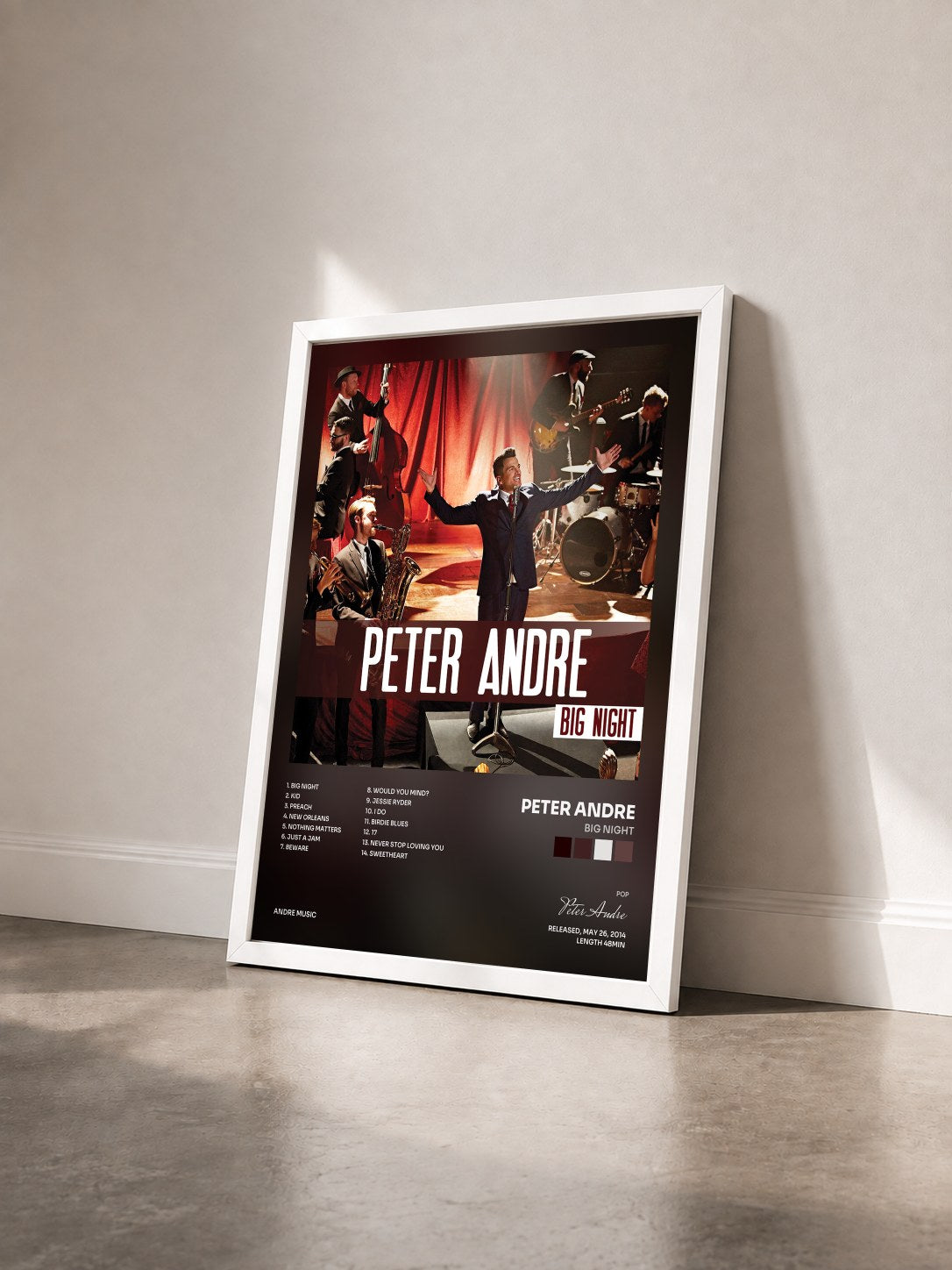 #blanc Tableau de l'album Big Night de Peter Andre vu de trois quarts, cadre blanc
