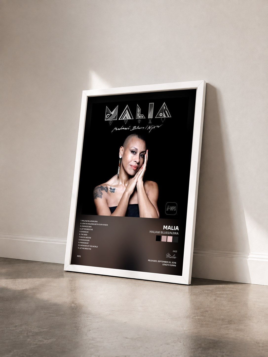 #blanc Tableau de l'album Malawi Blues/Njira de Malia vu de trois quarts, cadre blanc