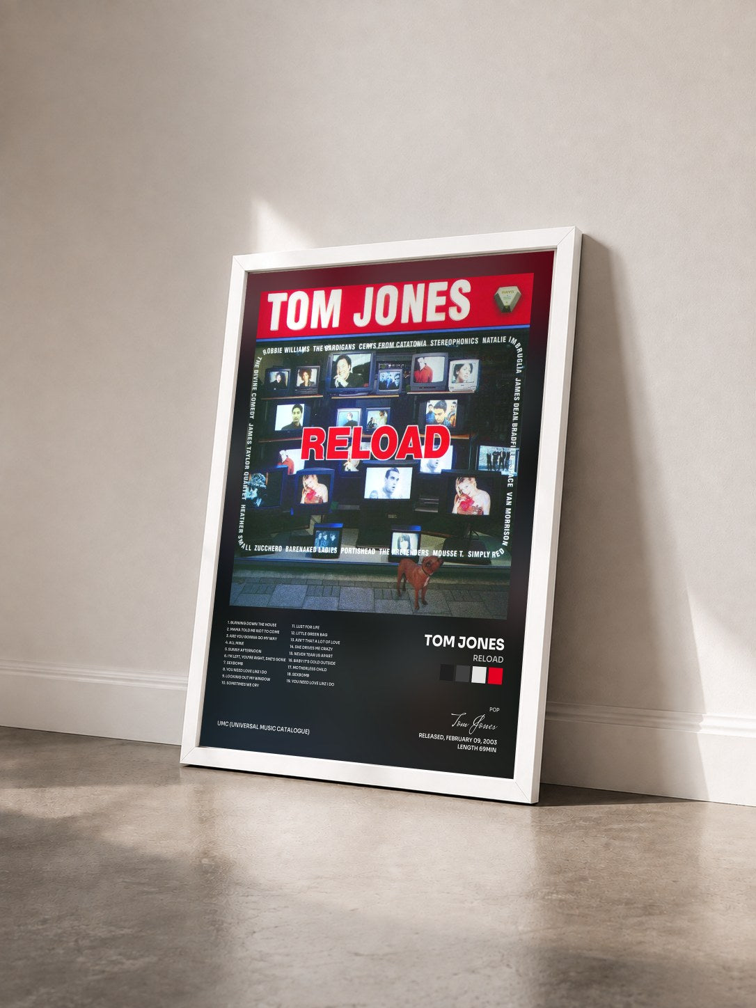 #blanc Tableau de l'album Reload de Tom Jones vu de trois quarts, cadre blanc