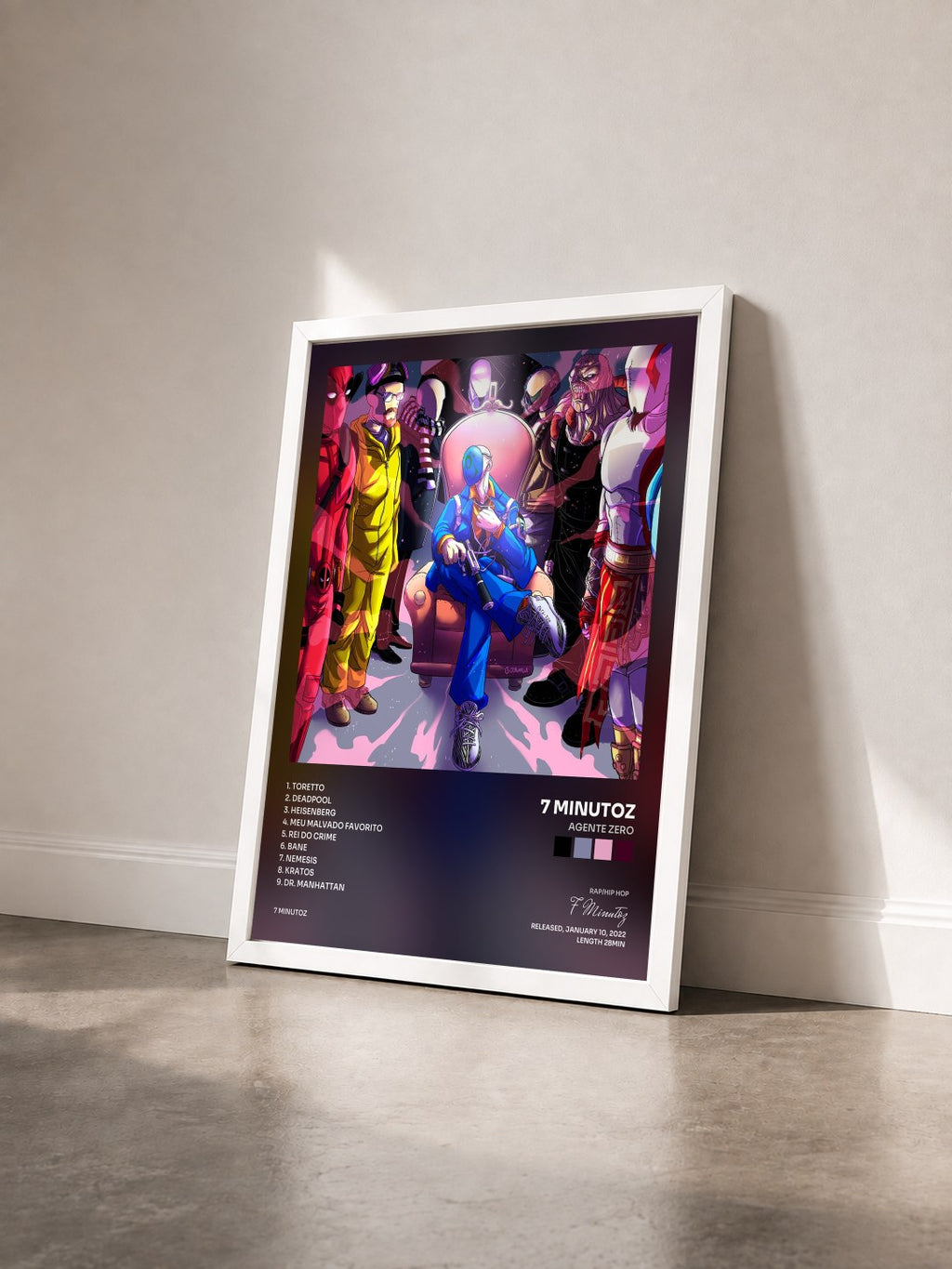 #blanc Tableau de l'album Agente Zero de 7 Minutoz vu de trois quarts, cadre blanc