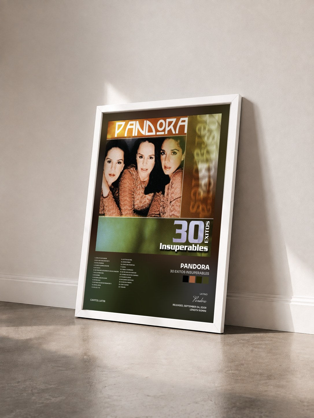 #blanc Tableau de l'album 30 Exitos Insuperables de Pandora vu de trois quarts, cadre blanc