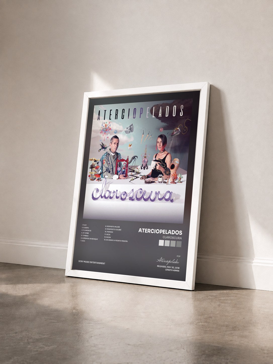 #blanc Tableau de l'album Claroscura de Aterciopelados vu de trois quarts, cadre blanc