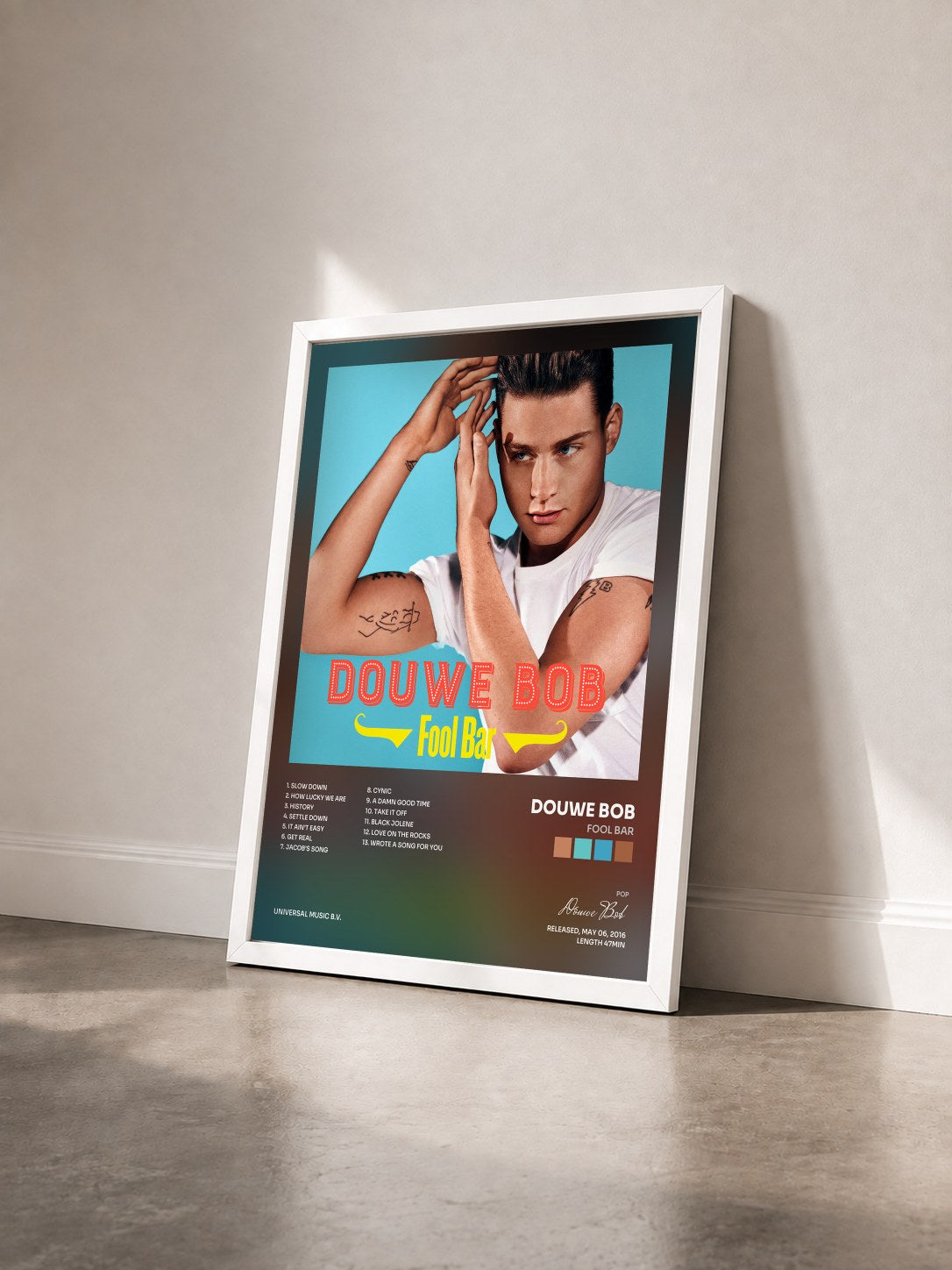 #blanc Tableau de l'album Fool Bar de Douwe Bob vu de trois quarts, cadre blanc
