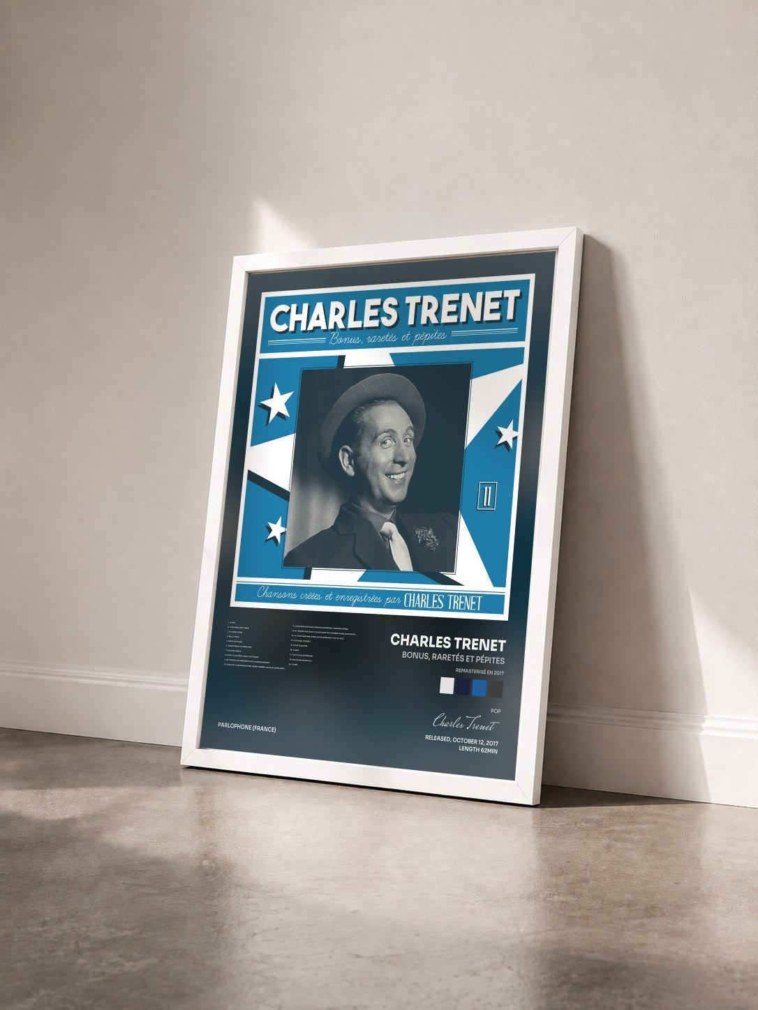 #blanc Tableau de l'album Bonus, raretés et pépites (Remasterisé en 2017) de Charles Trenet vu de trois quarts, cadre blanc
