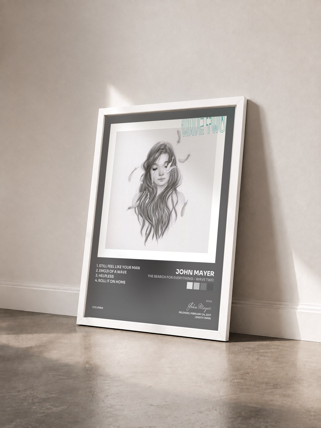 #blanc Tableau de l'album The Search for Everything - Wave Two de John Mayer vu de trois quarts, cadre blanc