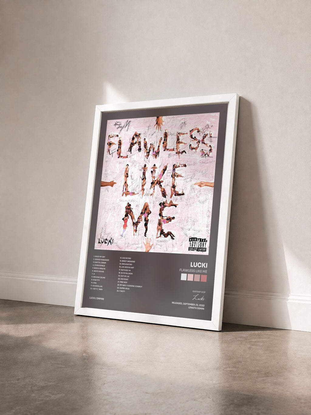 #blanc Tableau de l'album FLAWLESS LIKE ME de Lucki vu de trois quarts, cadre blanc