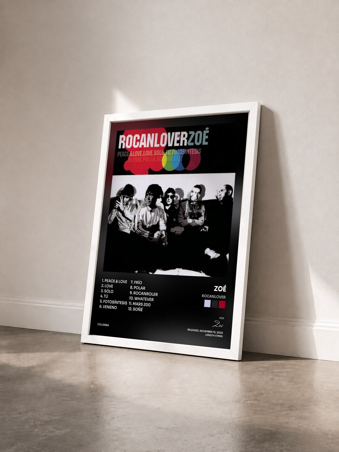 #blanc Tableau de l'album Rocanlover de Zoé vu de trois quarts, cadre blanc