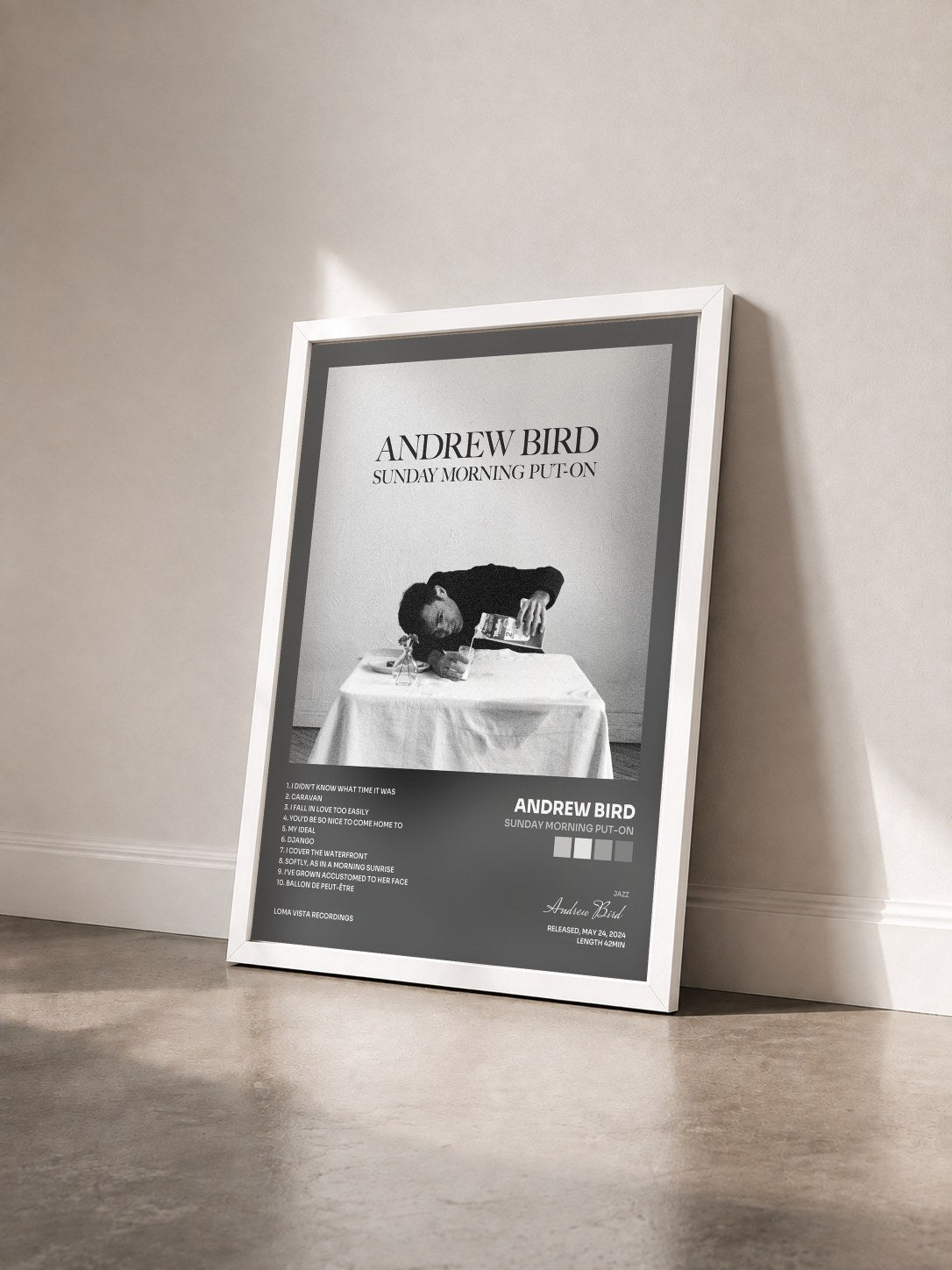 #blanc Tableau de l'album Sunday Morning Put-On de Andrew Bird vu de trois quarts, cadre blanc