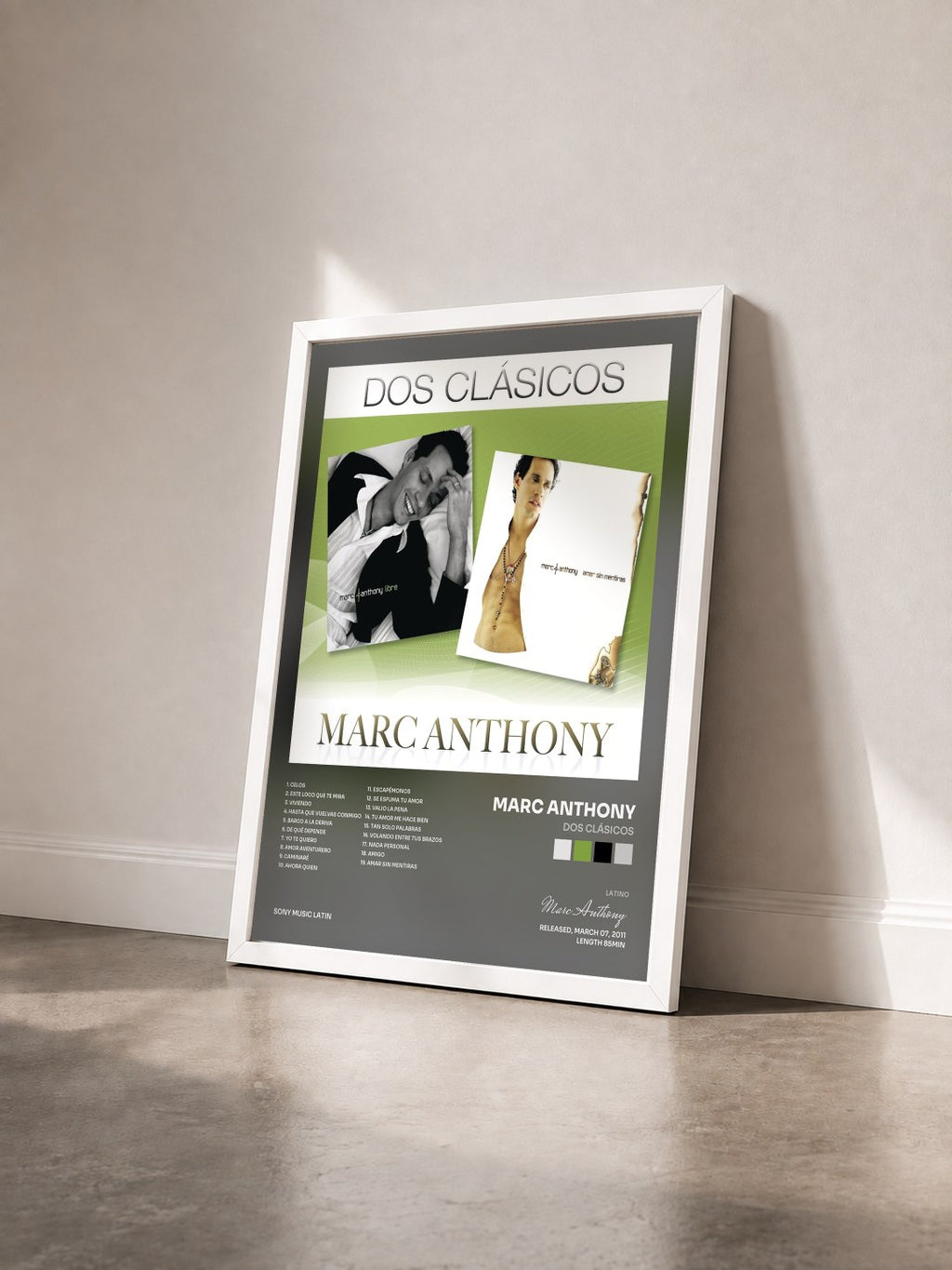 #blanc Tableau de l'album Dos Clásicos de Marc Anthony vu de trois quarts, cadre blanc