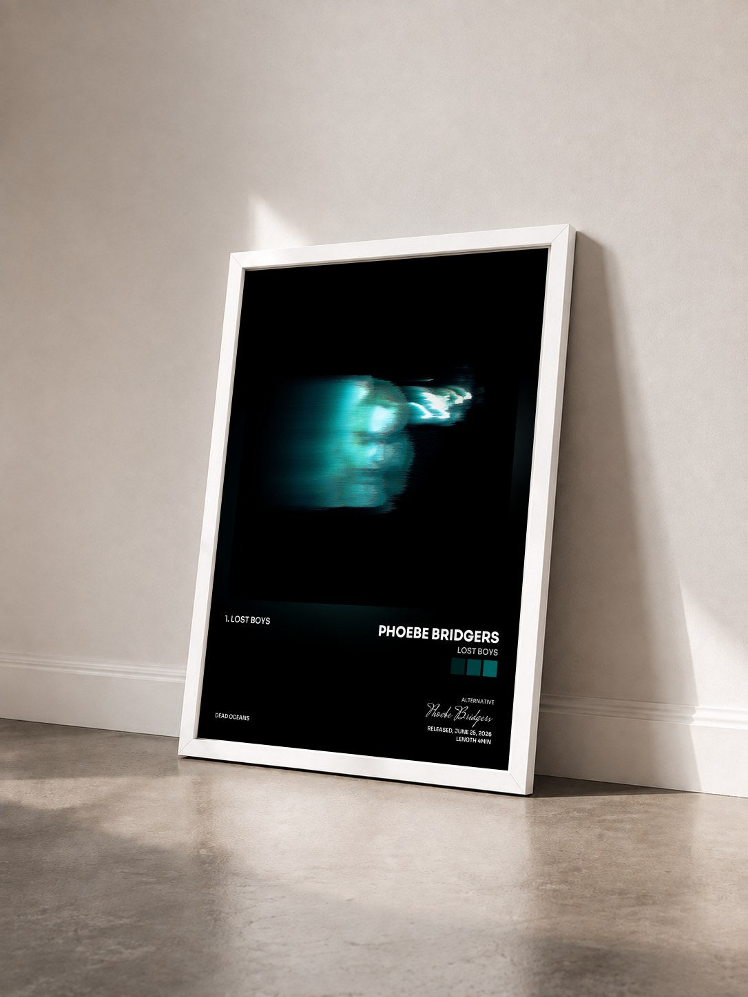 #blanc Tableau de l'album Lost Boys de Phoebe Bridgers vu de trois quarts, cadre blanc
