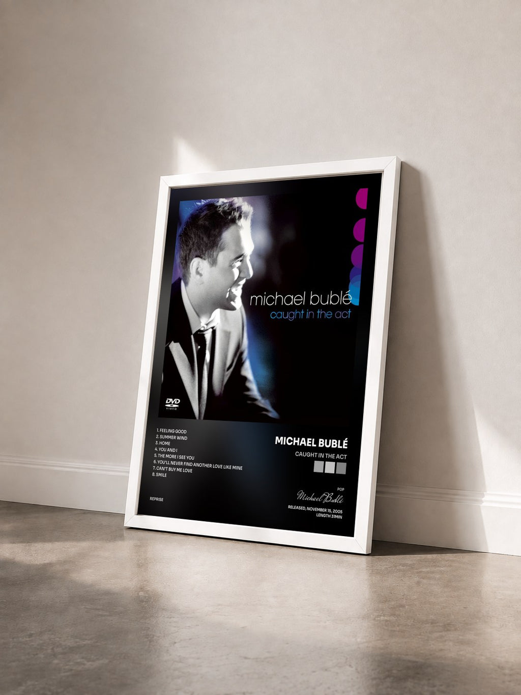 #blanc Tableau de l'album Caught in the Act de Michael Bublé vu de trois quarts, cadre blanc