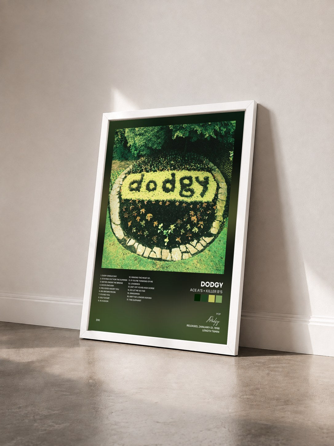 #blanc Tableau de l'album Ace A's + Killer B's de Dodgy vu de trois quarts, cadre blanc