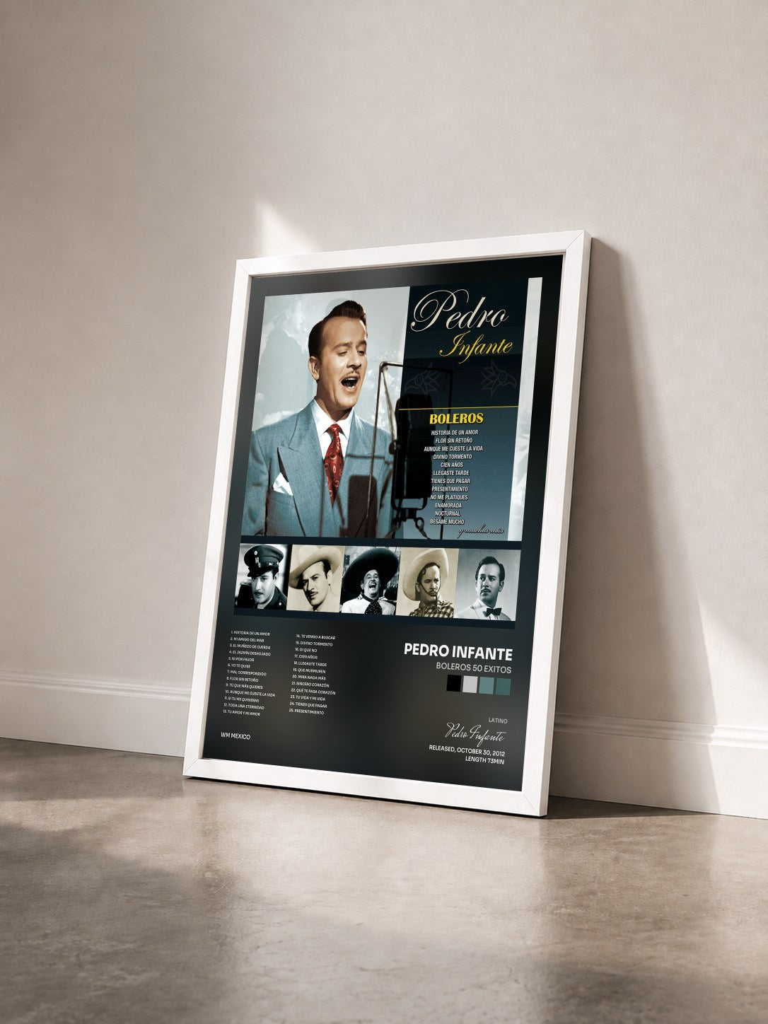 #blanc Tableau de l'album Boleros 50 Exitos de Pedro Infante vu de trois quarts, cadre blanc