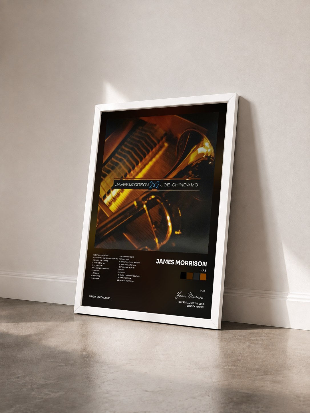 #blanc Tableau de l'album 2x2 de James Morrison vu de trois quarts, cadre blanc