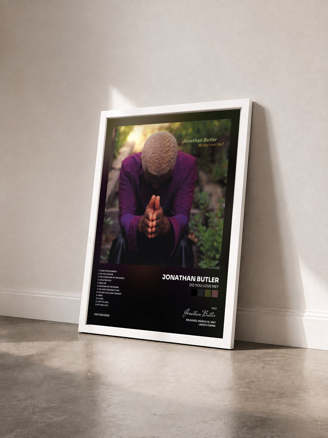 #blanc Tableau de l'album Do You Love Me? de Jonathan Butler vu de trois quarts, cadre blanc