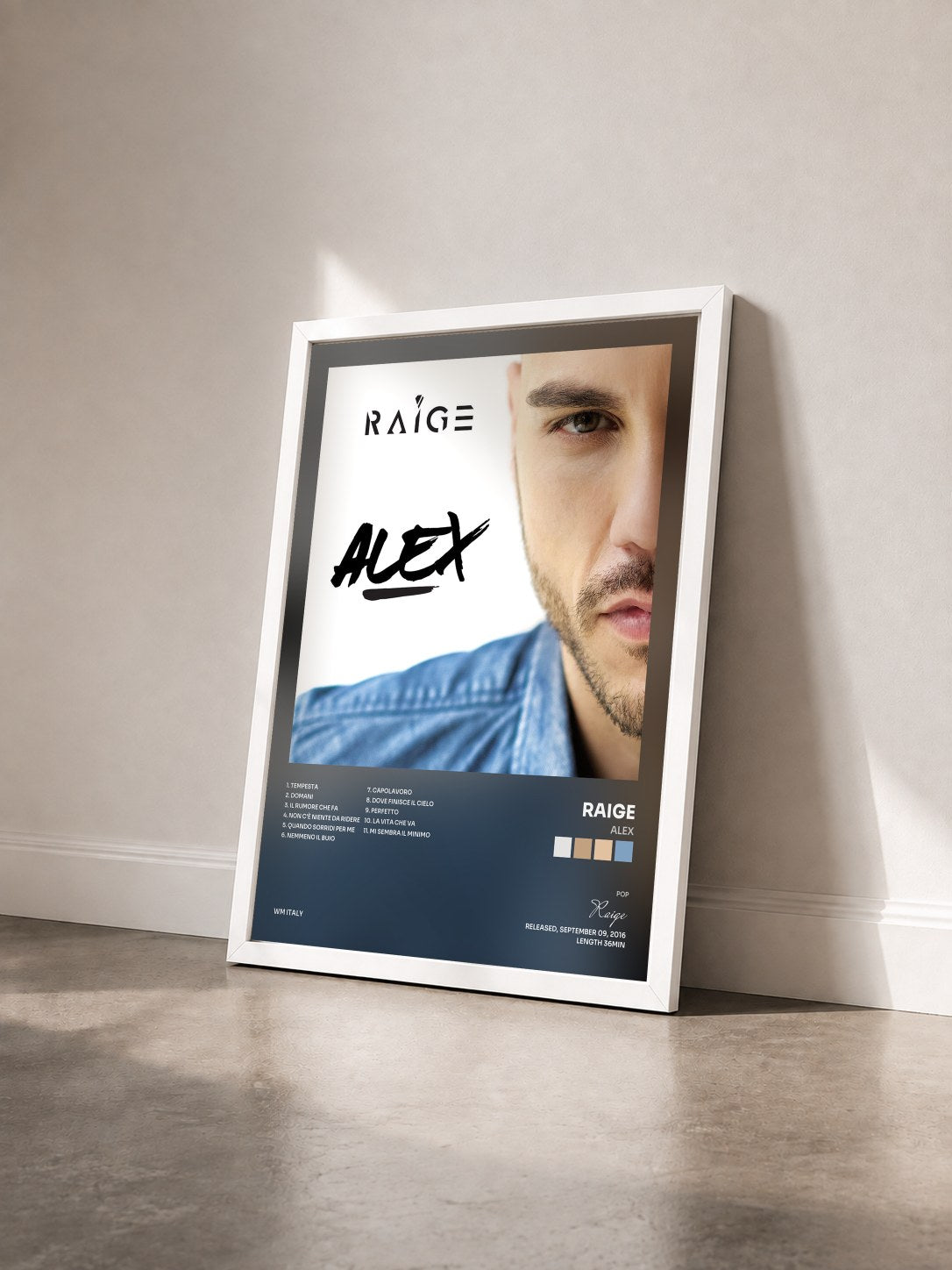 #blanc Tableau de l'album Alex de Raige vu de trois quarts, cadre blanc