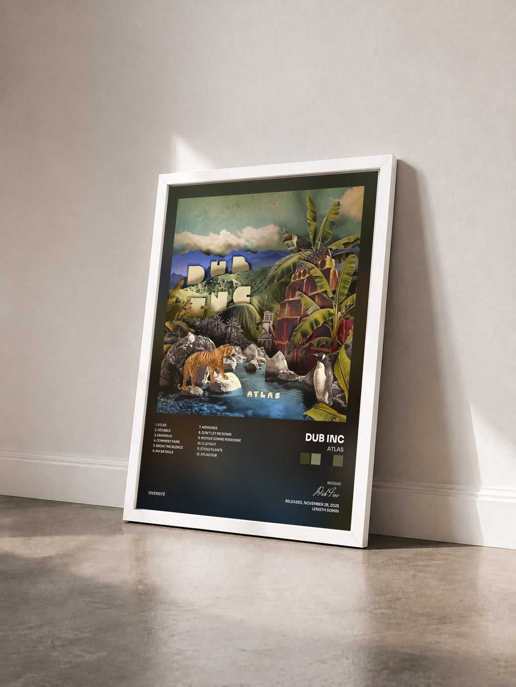 #blanc Tableau de l'album Atlas de Dub Inc vu de trois quarts, cadre blanc