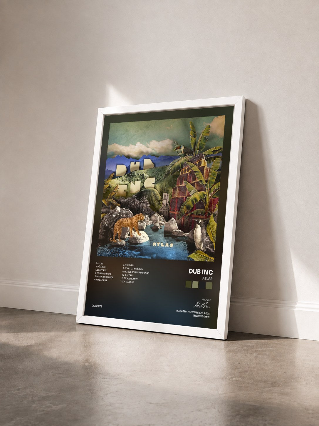 #blanc Tableau de l'album Atlas de Dub Inc vu de trois quarts, cadre blanc