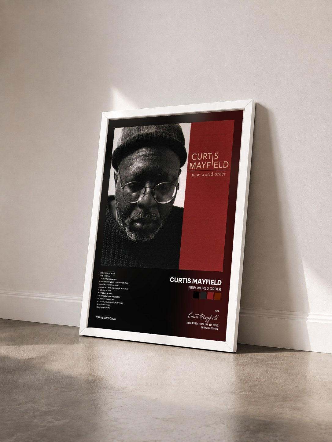 #blanc Tableau de l'album New World Order de Curtis Mayfield vu de trois quarts, cadre blanc