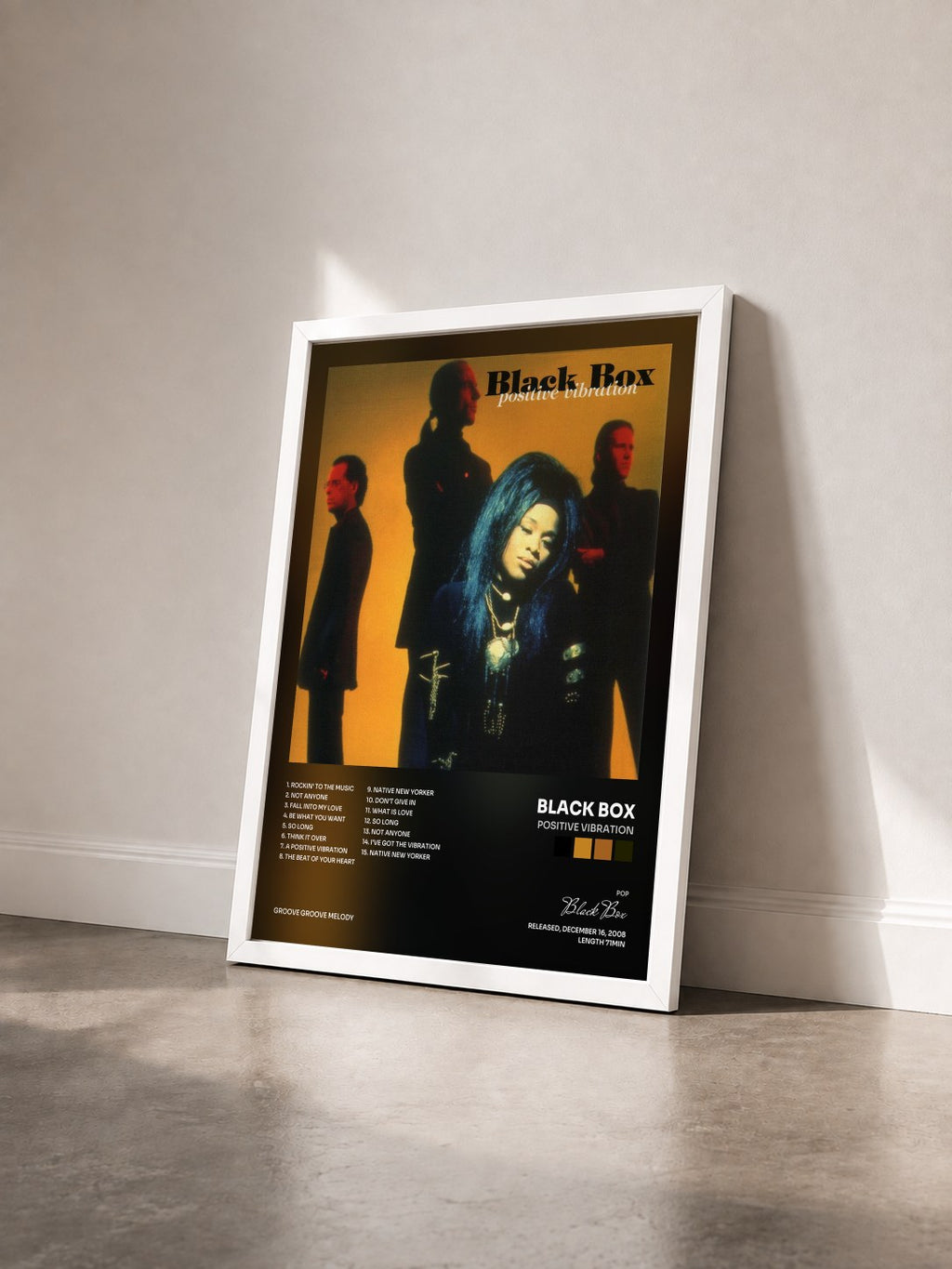 #blanc Tableau de l'album Positive Vibration de Black Box vu de trois quarts, cadre blanc