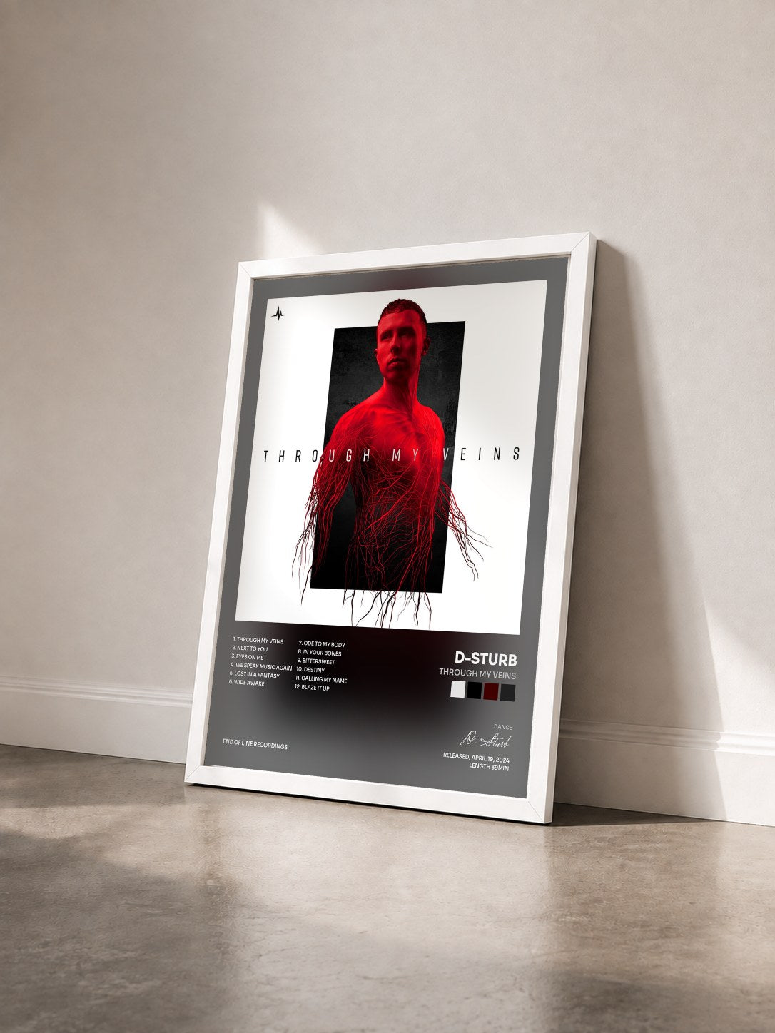#blanc Tableau de l'album Through My Veins de D-Sturb vu de trois quarts, cadre blanc