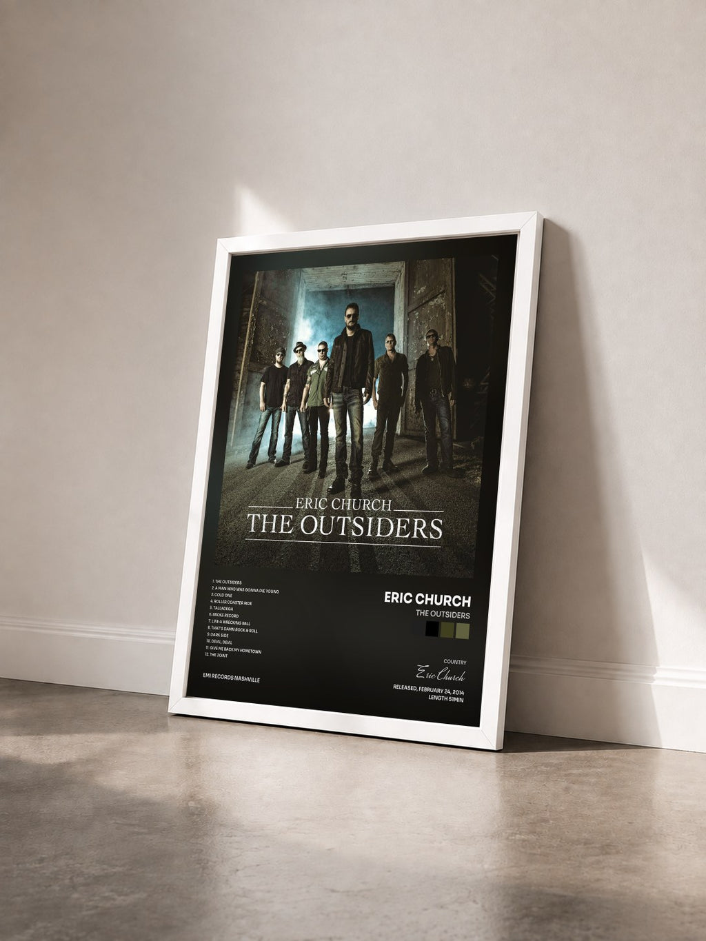 #blanc Tableau de l'album The Outsiders de Eric Church vu de trois quarts, cadre blanc