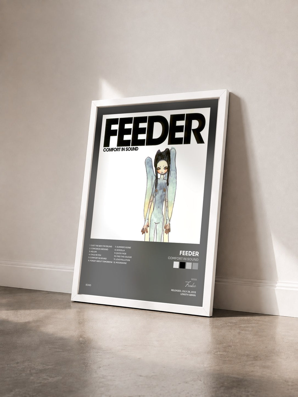 #blanc Tableau de l'album Comfort in Sound de Feeder vu de trois quarts, cadre blanc