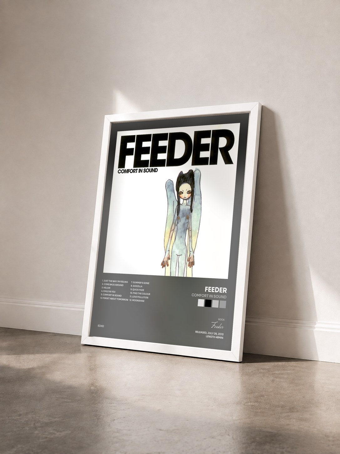 #blanc Tableau de l'album Comfort in Sound de Feeder vu de trois quarts, cadre blanc