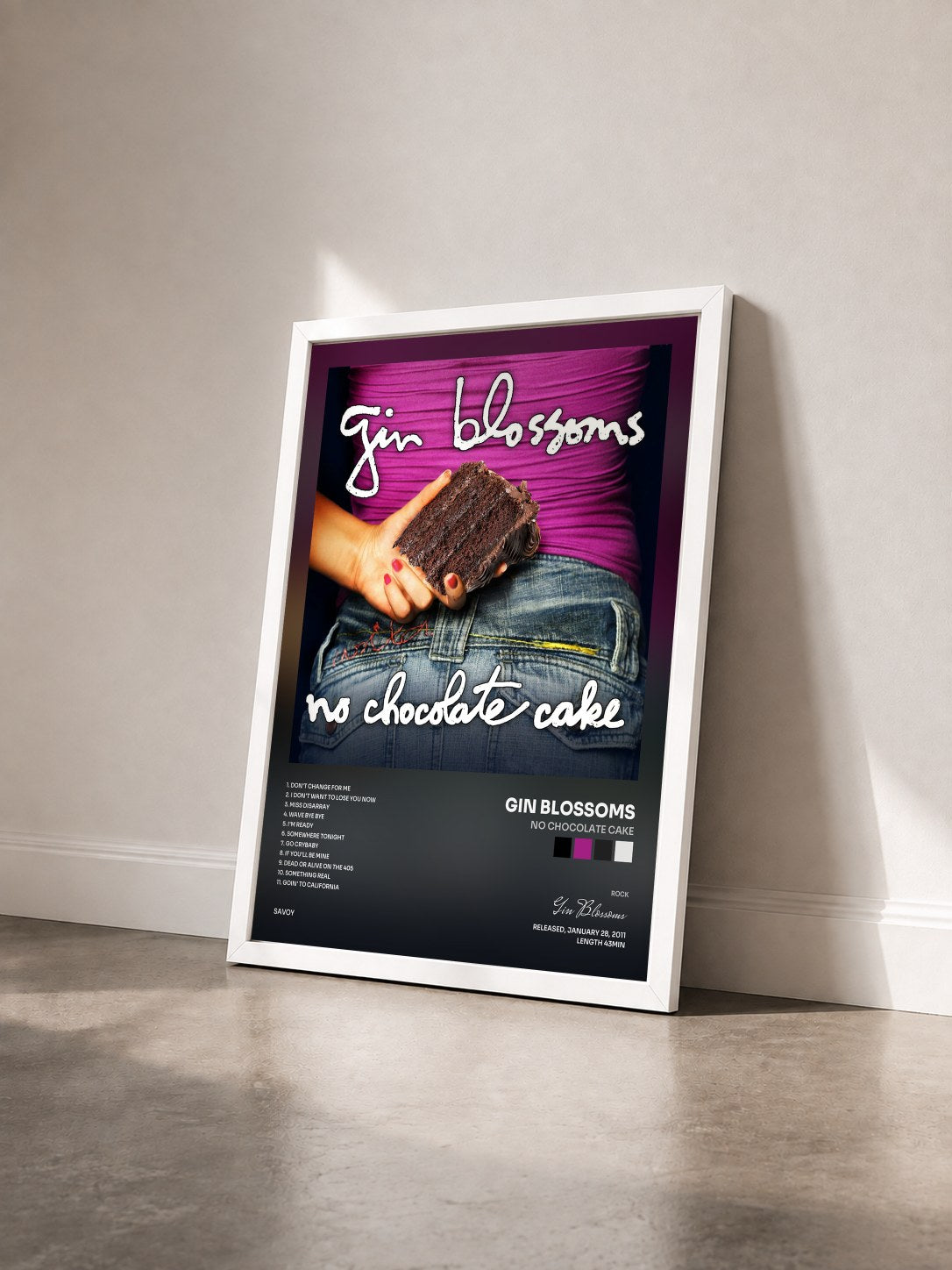 #blanc Tableau de l'album No Chocolate Cake de Gin Blossoms vu de trois quarts, cadre blanc