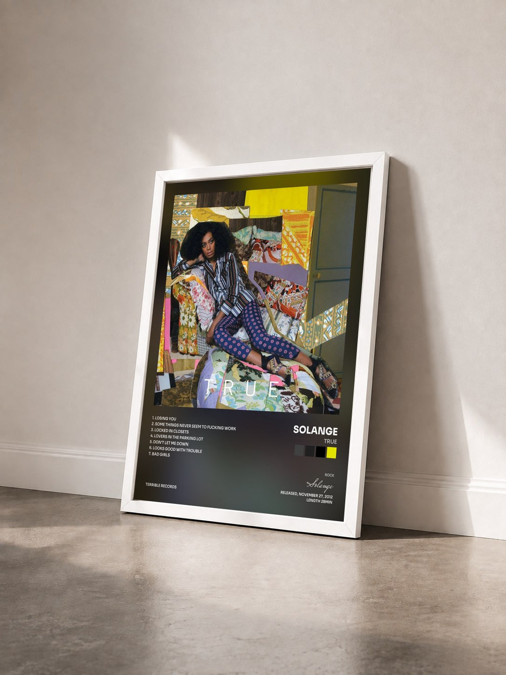 #blanc Tableau de l'album True de Solange vu de trois quarts, cadre blanc