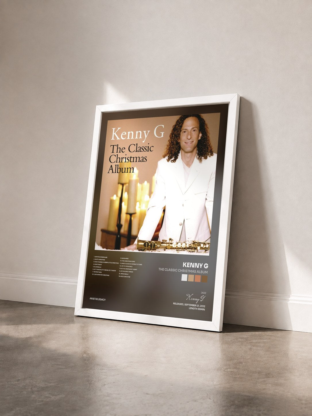 #blanc Tableau de l'album The Classic Christmas Album de Kenny G vu de trois quarts, cadre blanc