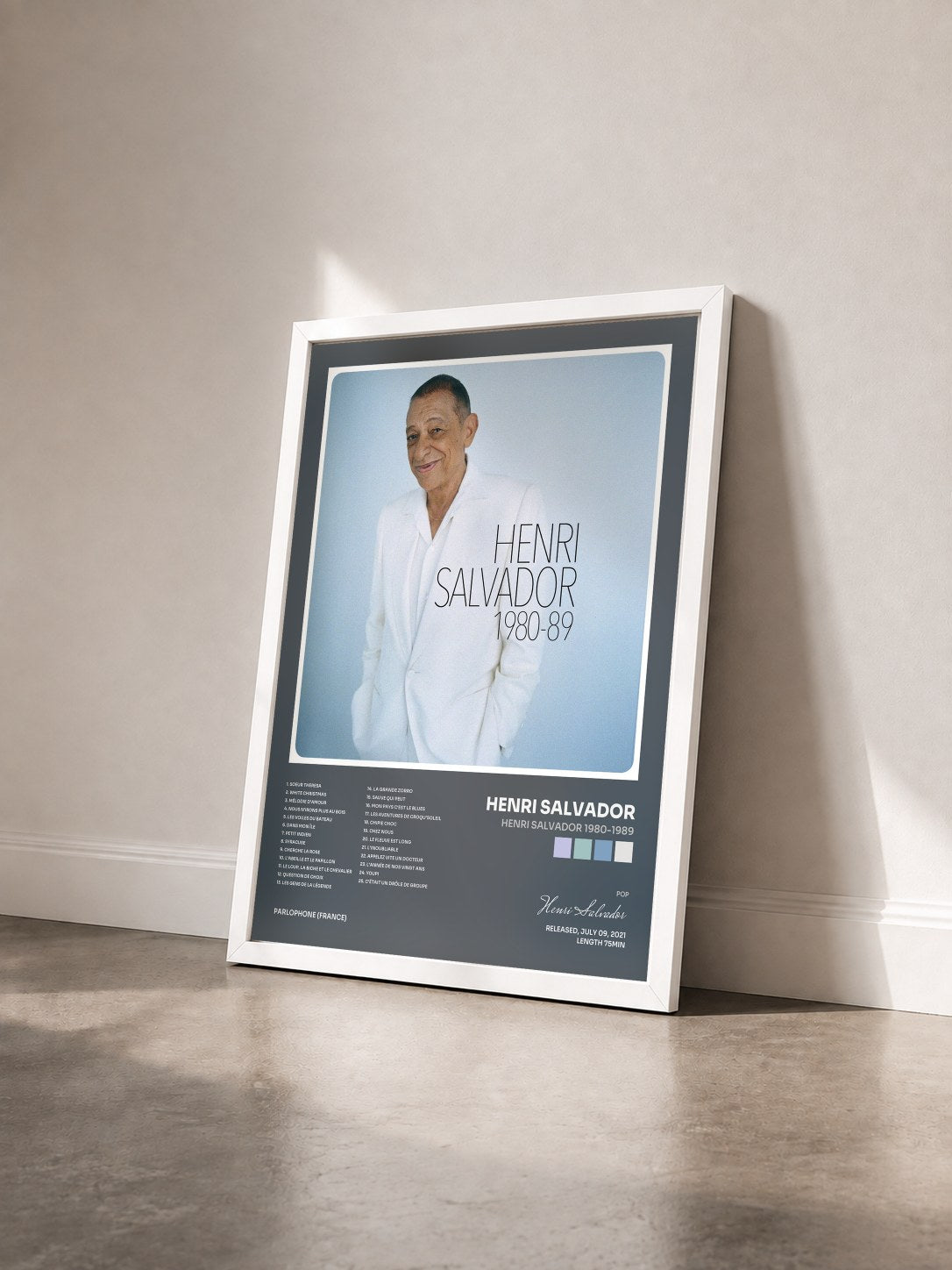 #blanc Tableau de l'album Henri Salvador 1980-1989 de Henri Salvador vu de trois quarts, cadre blanc