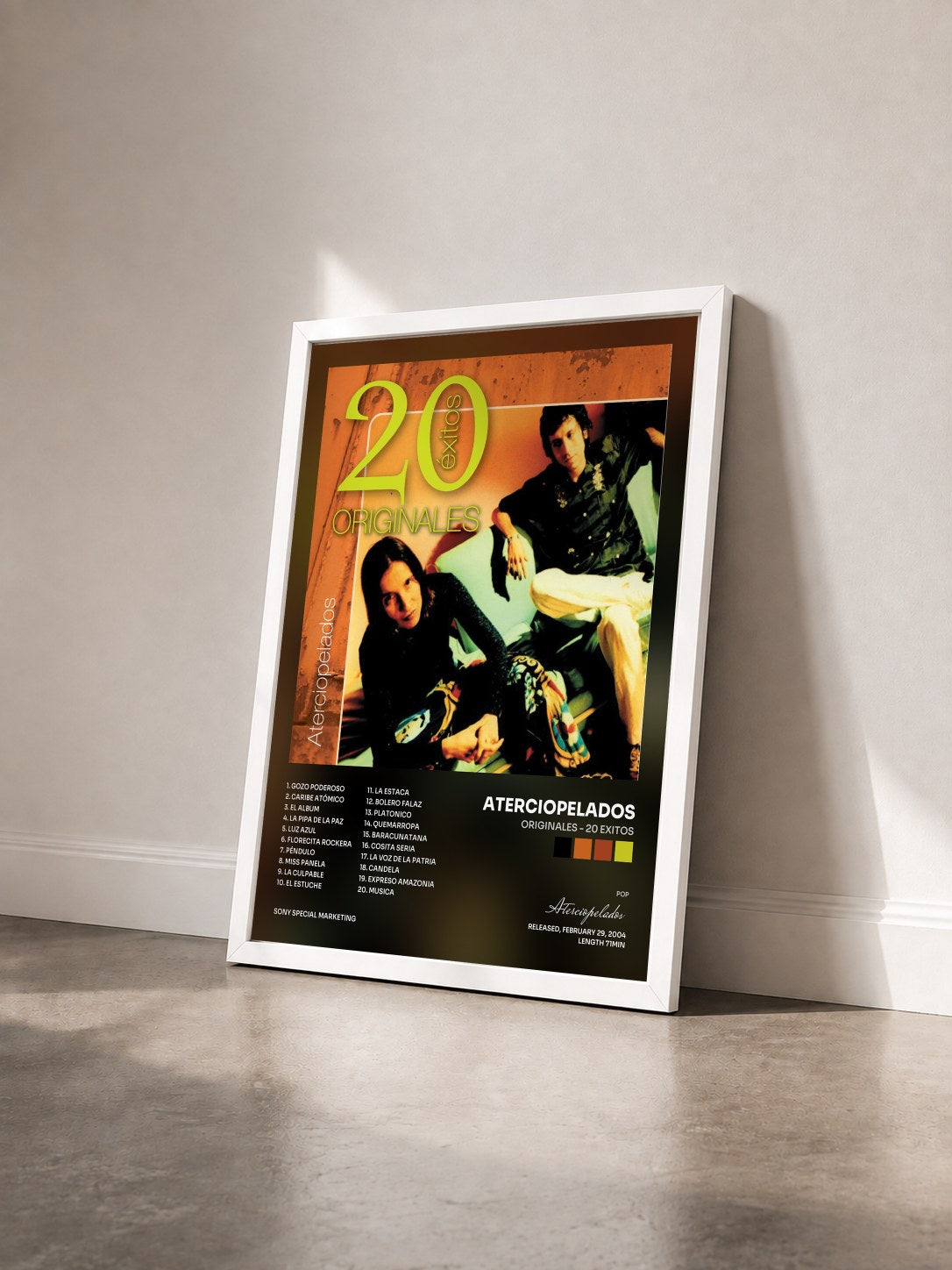 #blanc Tableau de l'album Originales - 20 Exitos de Aterciopelados vu de trois quarts, cadre blanc