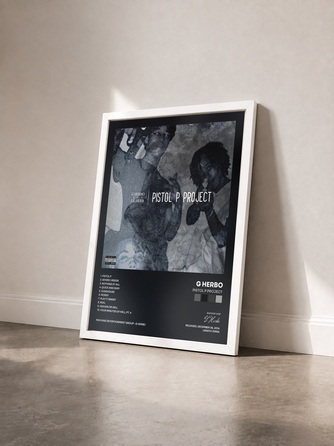 #blanc Tableau de l'album Pistol P Project de G Herbo vu de trois quarts, cadre blanc