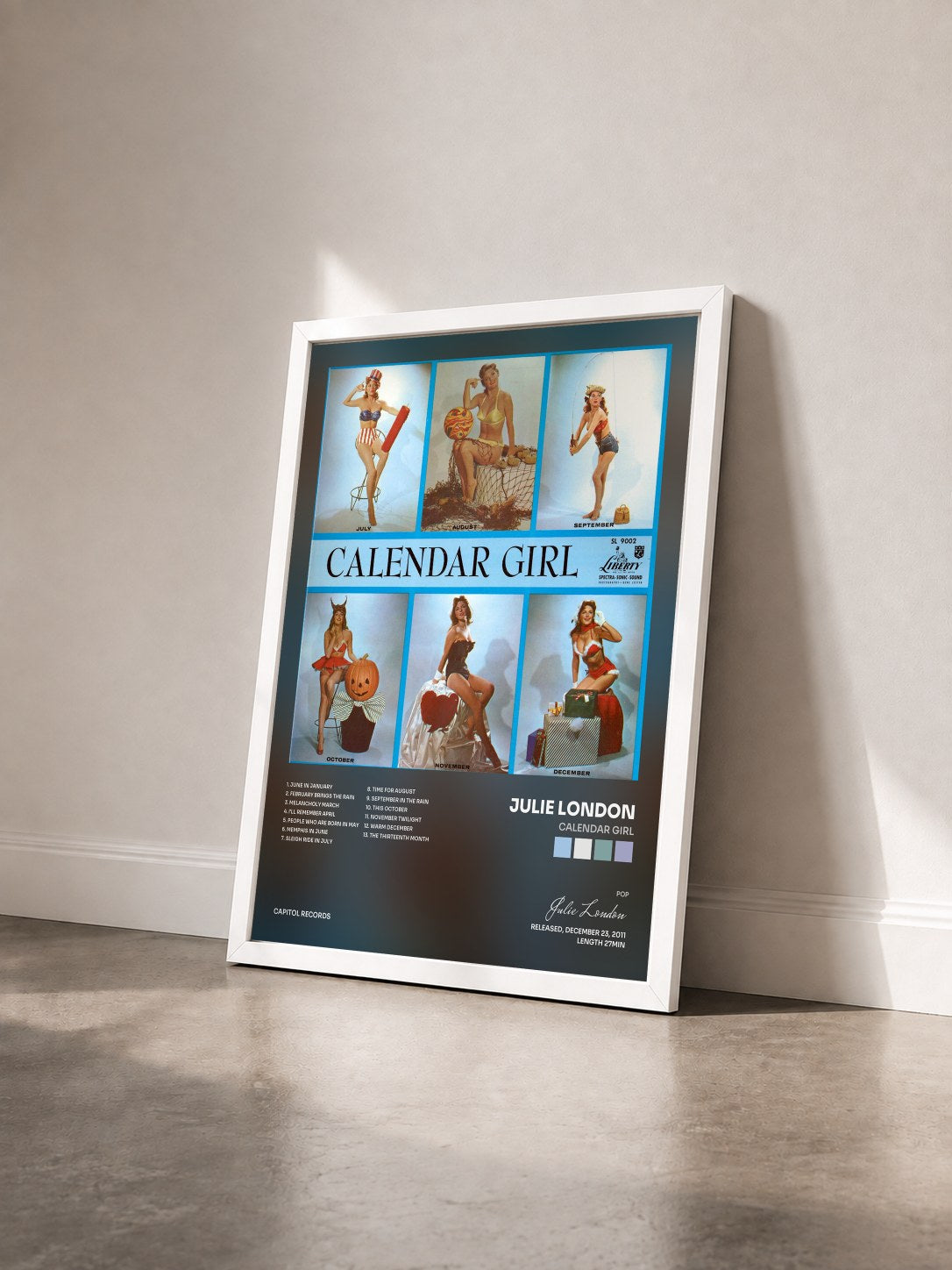 #blanc Tableau de l'album Calendar Girl de Julie London vu de trois quarts, cadre blanc